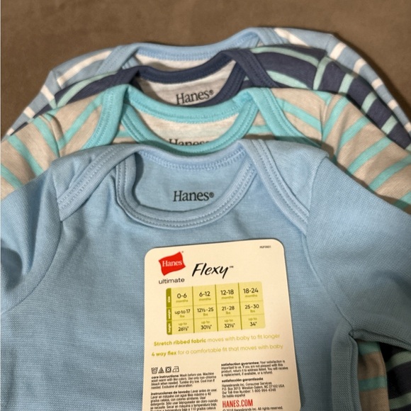 Hanes Baby Flexy 4-Pack Long Sleeve Tops –Size 0–6M –Blue&Striped Cotton Shirts - Picture 2 of 8
